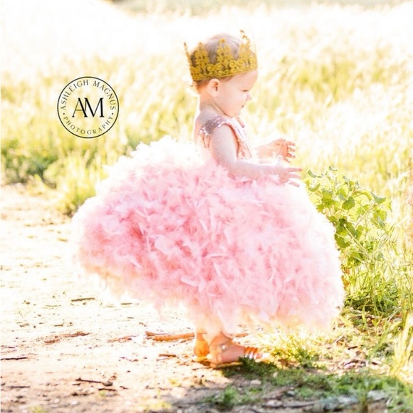 Pink Feathered Dress princess ball sequin photoshoot flower pageant crown lace - Picture 4 of 11
